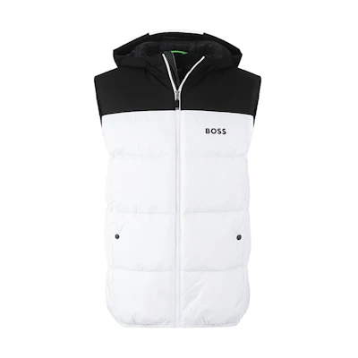 HUGO BOSS SS24 White Water-Repellent Down Hooded Vest Jacket in Green Series. 50497645-100