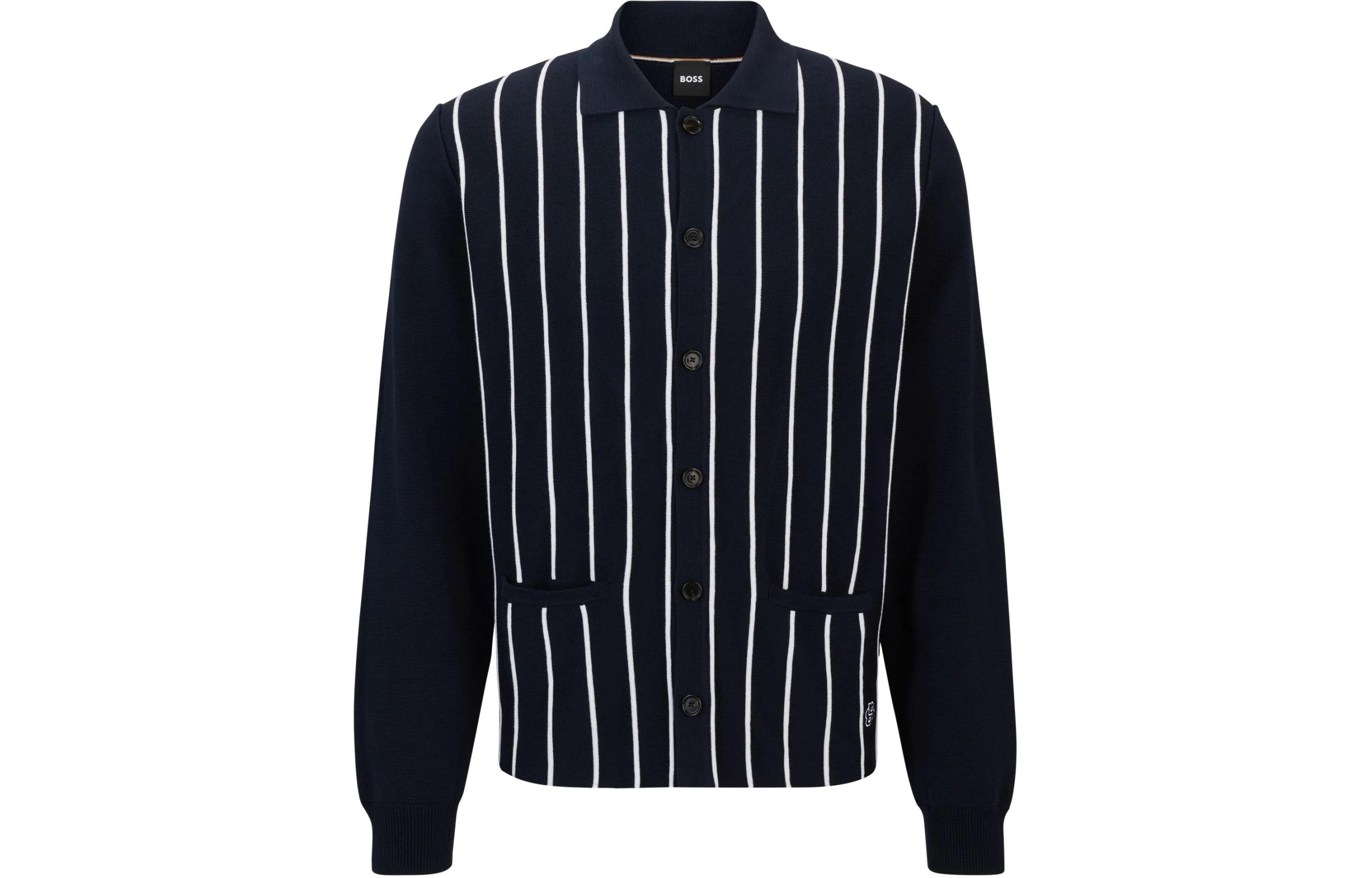 HUGO BOSS SS24 Colorblock Striped Knit Cardigan Navy Blue  Long Sleeve 50511747-404