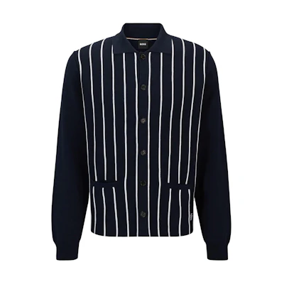 HUGO BOSS SS24 Colorblock Striped Knit Cardigan Navy Blue Long Sleeve 50511747-404
