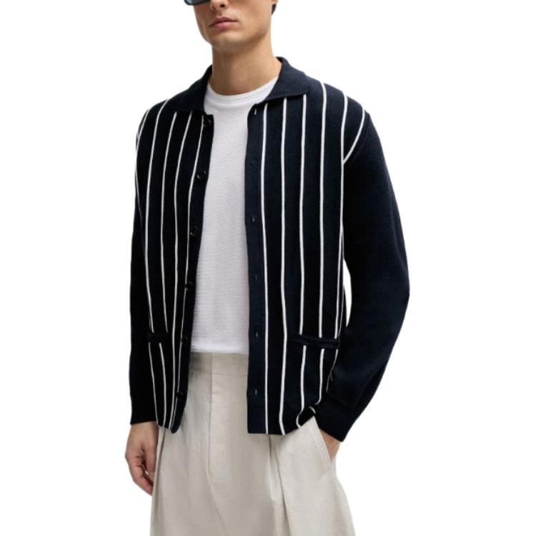 HUGO BOSS SS24 Colorblock Striped Knit Cardigan Navy Blue  Long Sleeve 50511747-404 圖 4