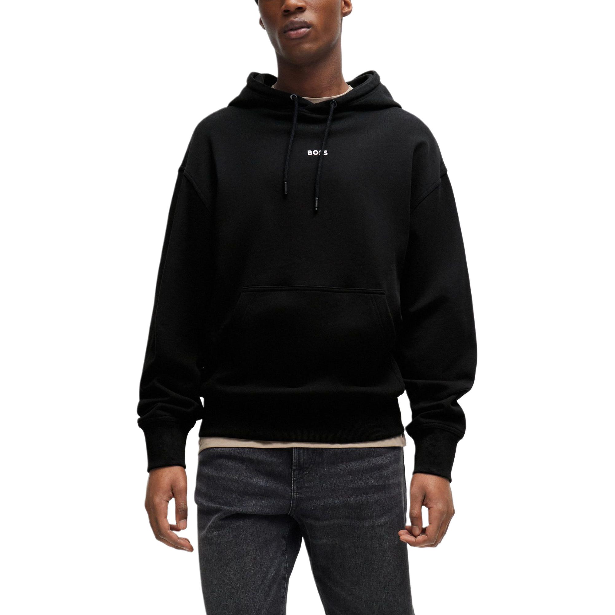 Shop 휴고 보스 SS24 코튼 테리 후드티 콘트라스트 로고 블랙 풀오버 50514530-001