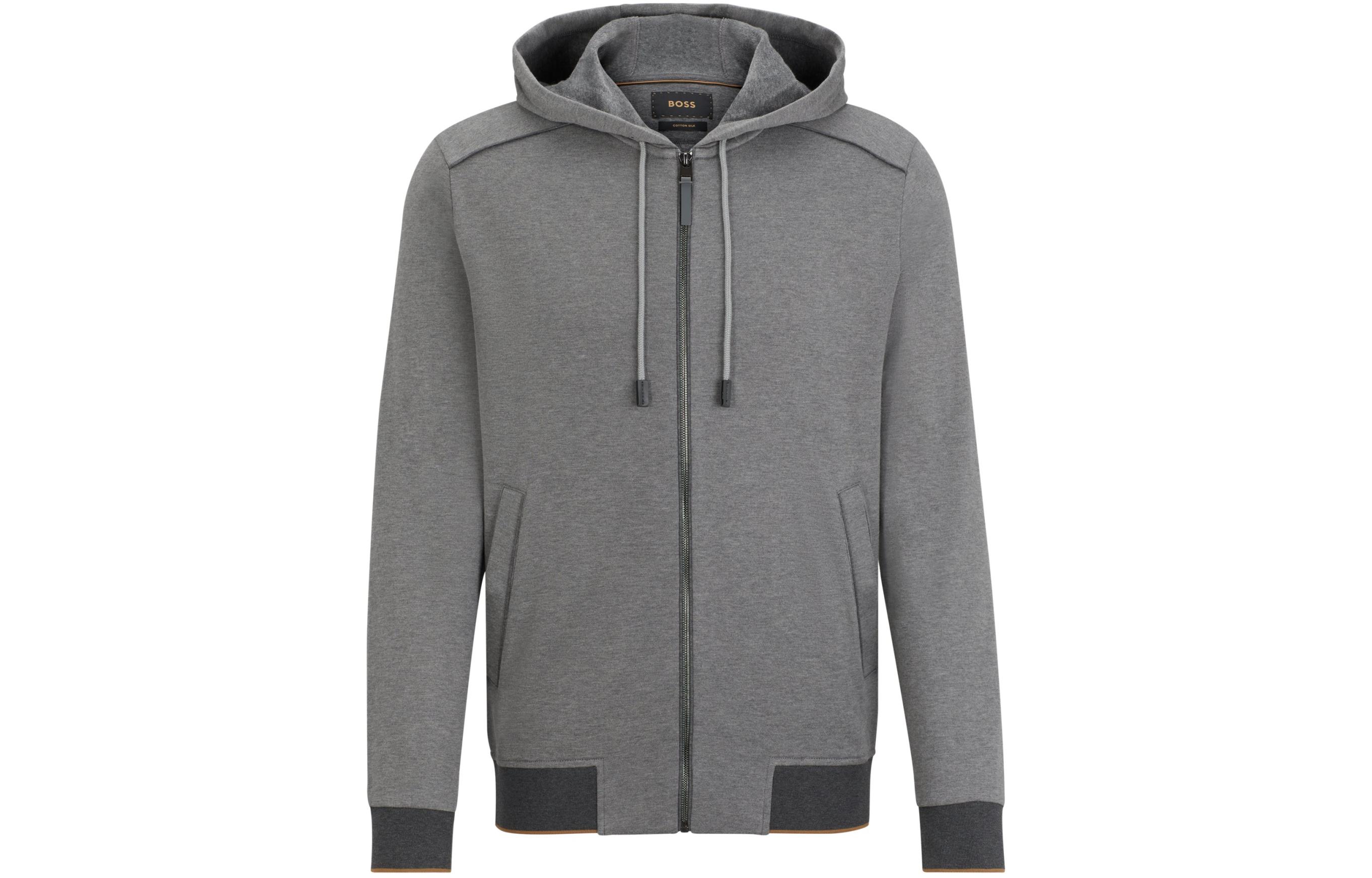 HUGO BOSS SS24 Double-Faced Zip-Up Hoodie in Cotton Grey Full-Zip Sweatshirt 50512141-041