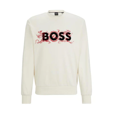 HUGO BOSS SS24 Embroidered Logo Crewneck Sweatshirt White Loose Fit 50510132-118