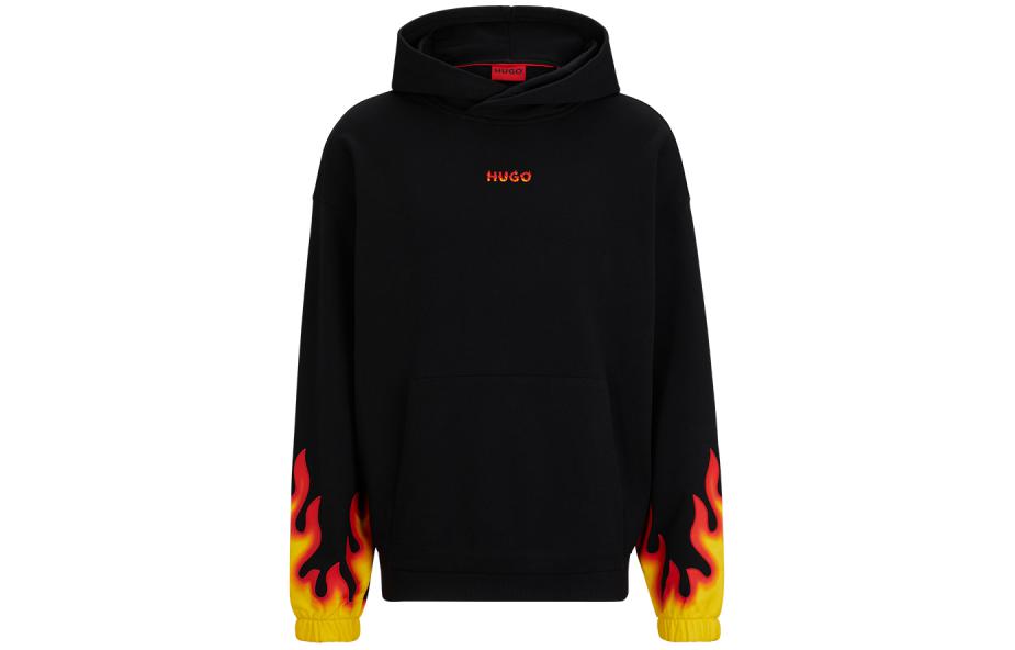HUGO BOSS SS24 Flame Logo Oversized Hoodie Unisex Black Long Sleeve 50504815-001
