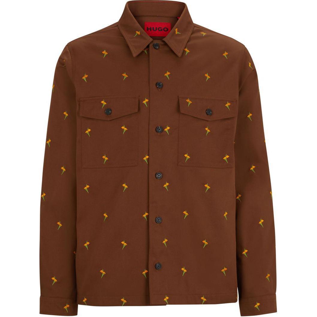 HUGO BOSS SS24 Floral Embroidered Relaxed Fit Button-Up Shirt Brown 50520089-212