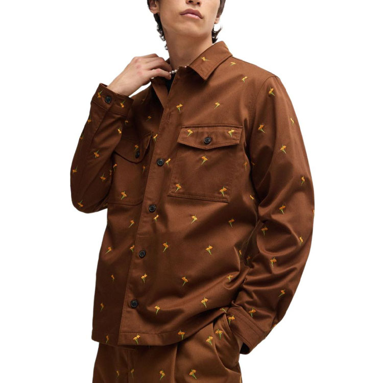 Shop HUGO BOSS SS24 棕色花卉刺繡寬鬆版長袖襯衫 50520089-212