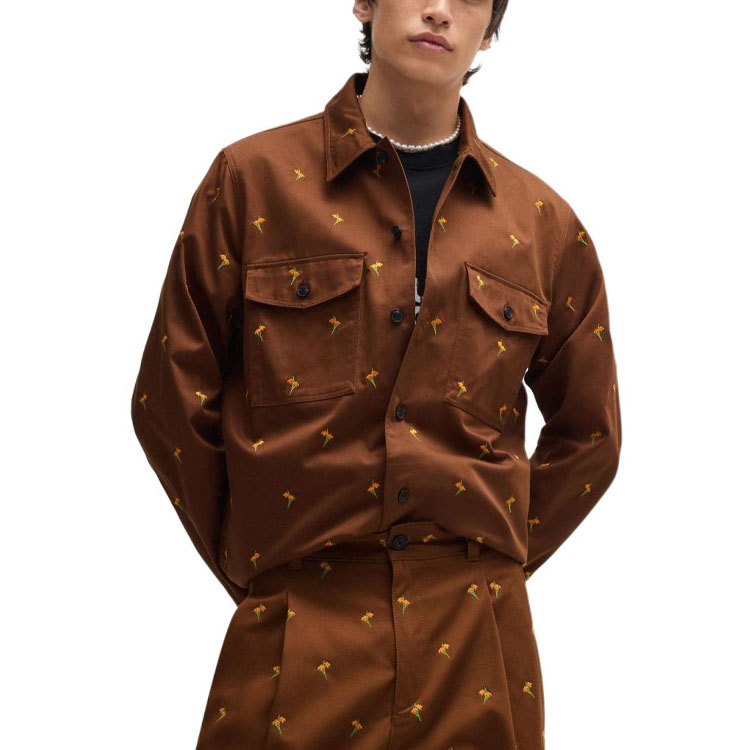Sizing HUGO BOSS SS24 棕色花卉刺繡寬鬆版長袖襯衫 50520089-212