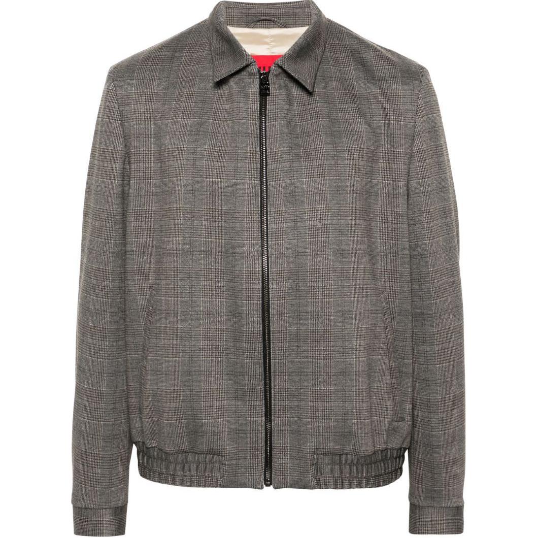 HUGO BOSS SS24 Grey Checked Logo Embroidered Zip-Up Jacket for Men 50520355-212