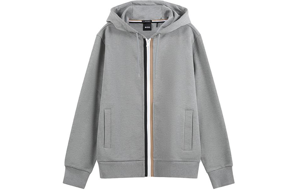HUGO BOSS SS24 Grey Hoodie with Solid Stripes and Zip Closure 50494590-041