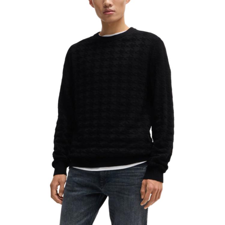 Lookbook HUGO BOSS SS24 千鳥格紋男士寬鬆針織圓領毛衣 黑色 50516620-001