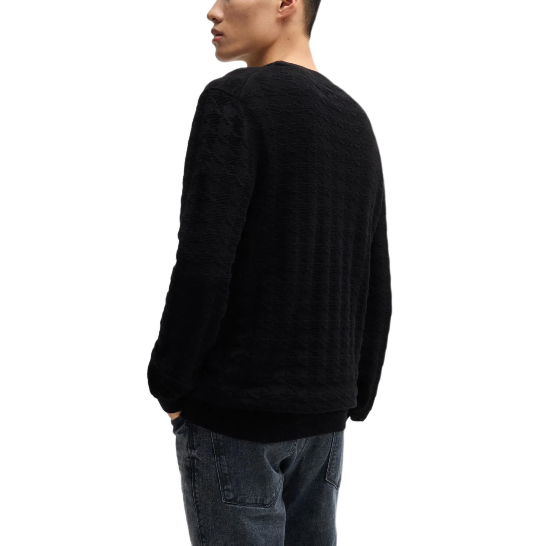 Purchase HUGO BOSS SS24 千鳥格紋男士寬鬆針織圓領毛衣 黑色 50516620-001