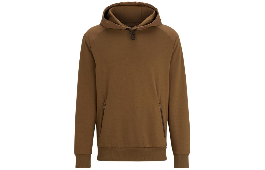 HUGO BOSS SS24 Solid Woven Straight-Cut Hoodie Brown Sweater 50506883-249