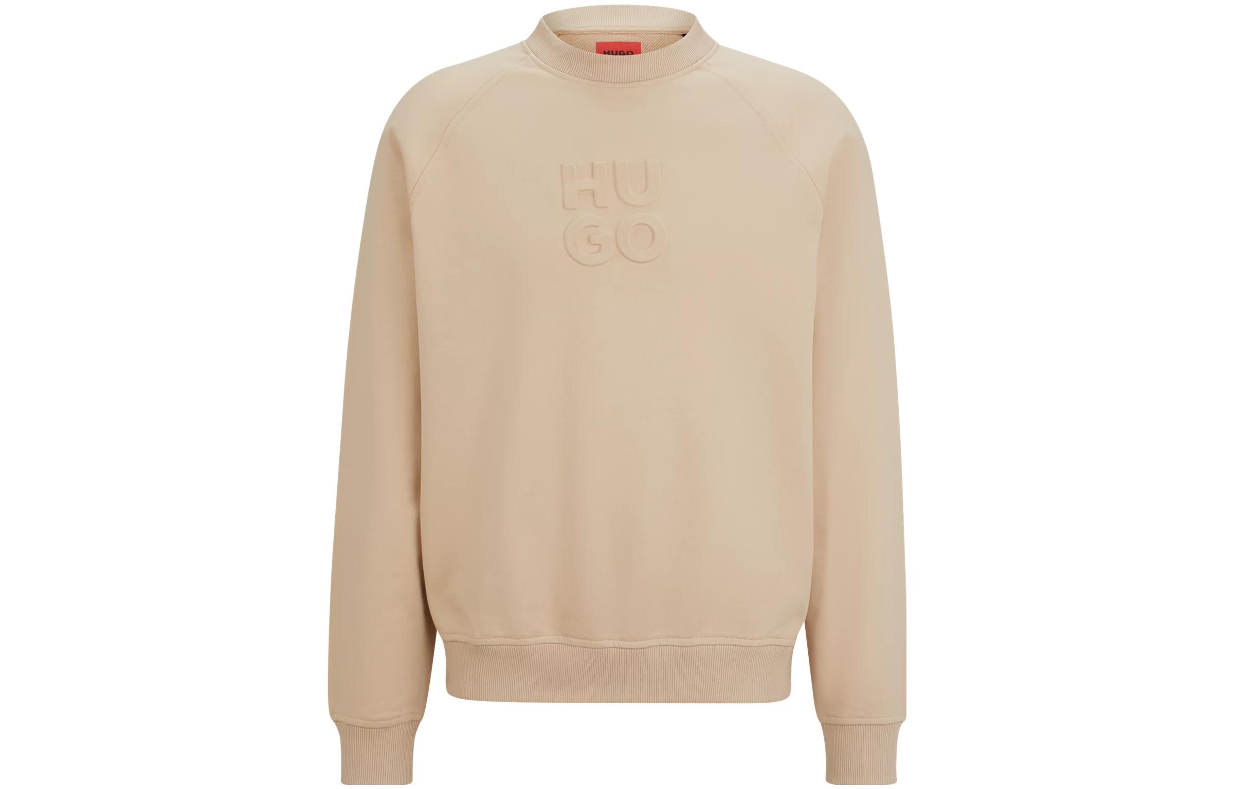 HUGO BOSS Stacked Logo Embossed French Terry Sweatshirt Beige Crewneck 50496640-275