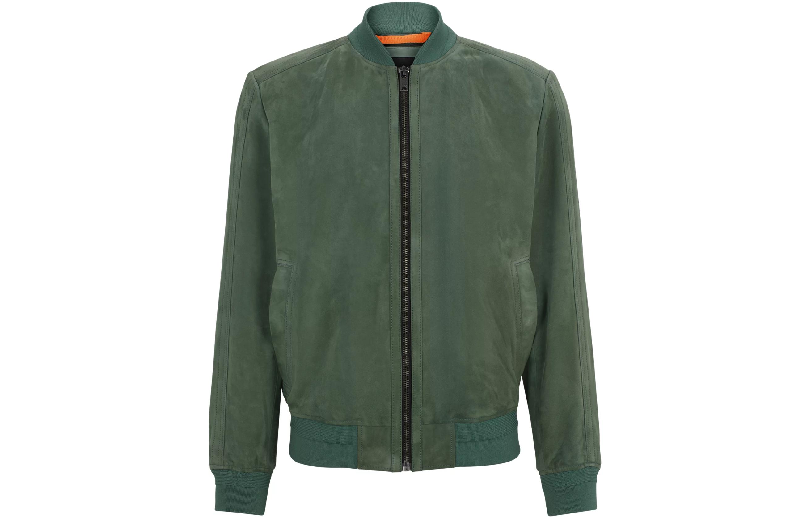 HUGO BOSS Suede Bomber Jacket with Ribbed Trims Green 50519197-341