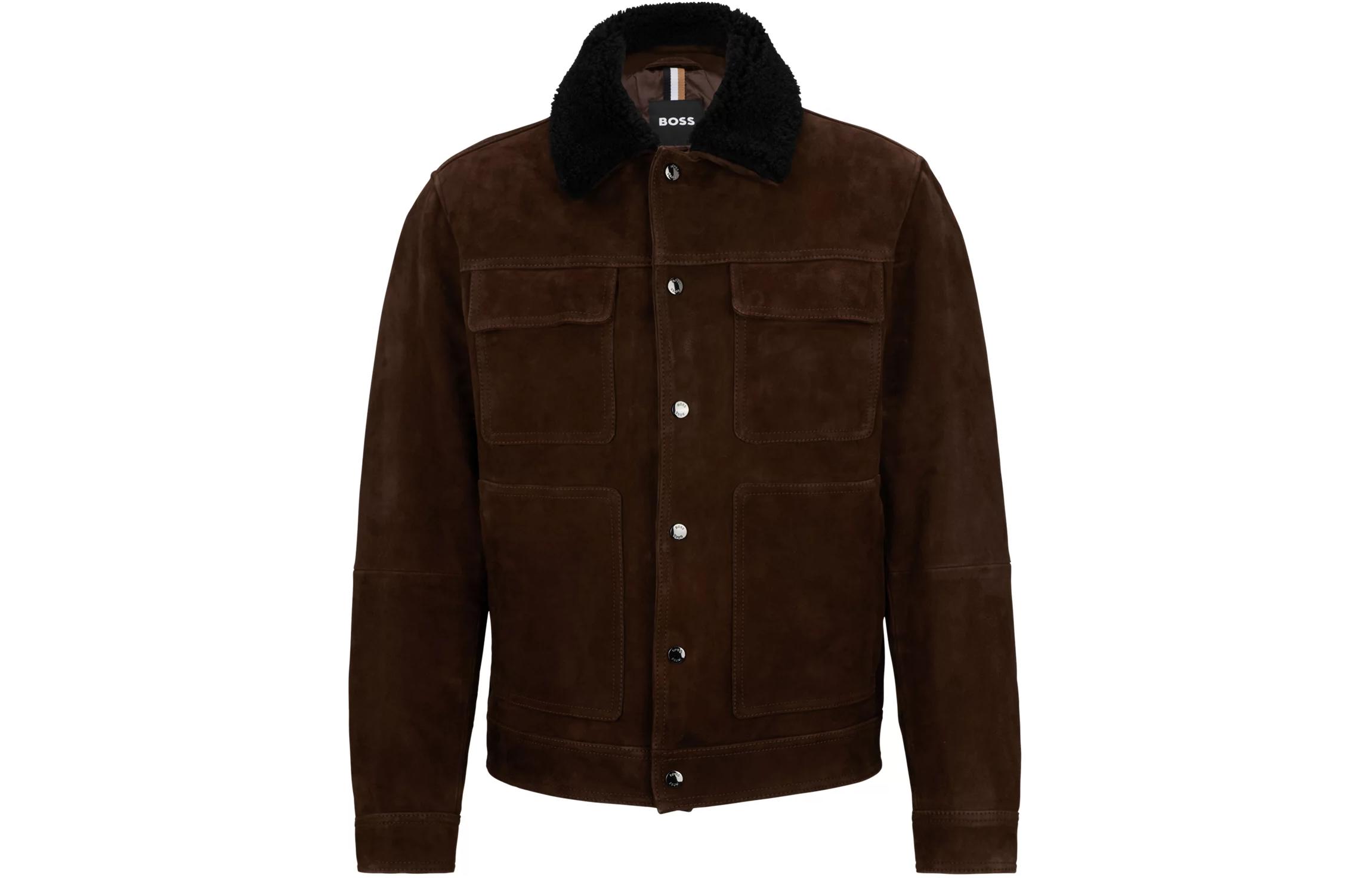 HUGO BOSS Suede Jacket with Teddy Collar & Patch Pockets Brown Mens Casual 50499461-205