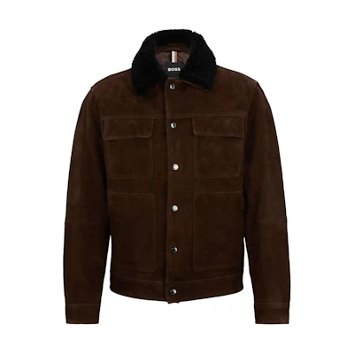 HUGO BOSS Suede Jacket with Teddy Collar & Patch Pockets Brown Mens Casual 50499461-205