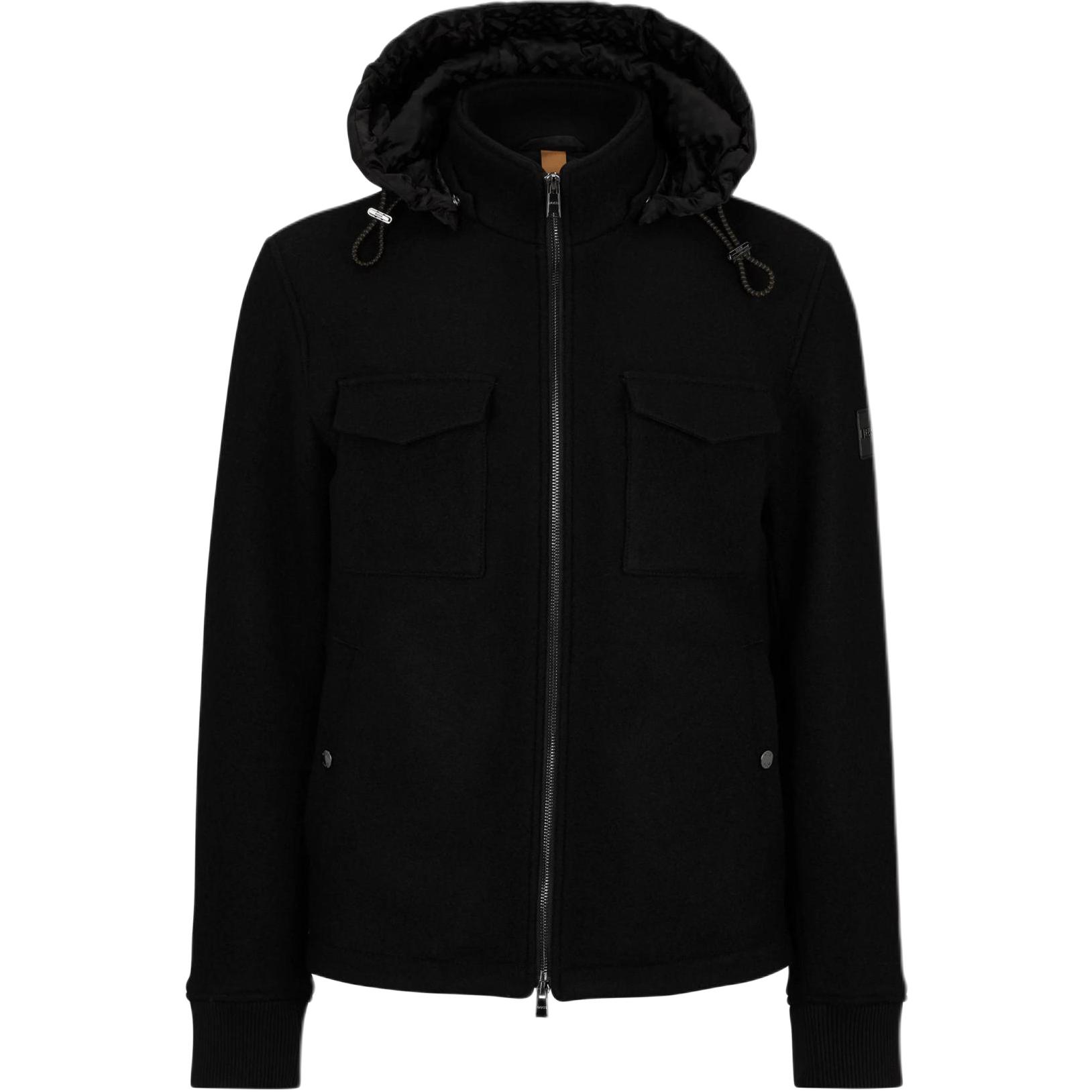 HUGO BOSS Virgin-Wool Jacket with Detachable Hood Black Casual Outerwear 50501604-001