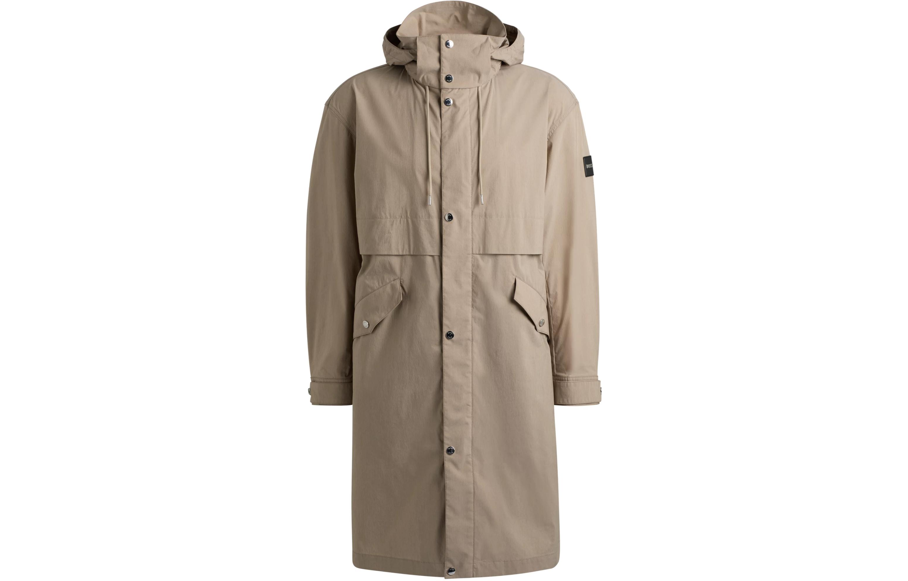 HUGO BOSS Water-Repellent Hooded Cotton Blend Jacket Khaki with Logo Print 50519363-255