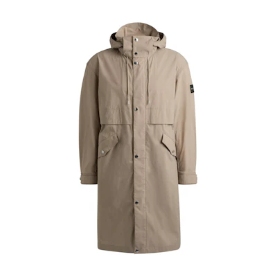 HUGO BOSS Water-Repellent Hooded Cotton Blend Jacket Khaki with Logo Print 50519363-255