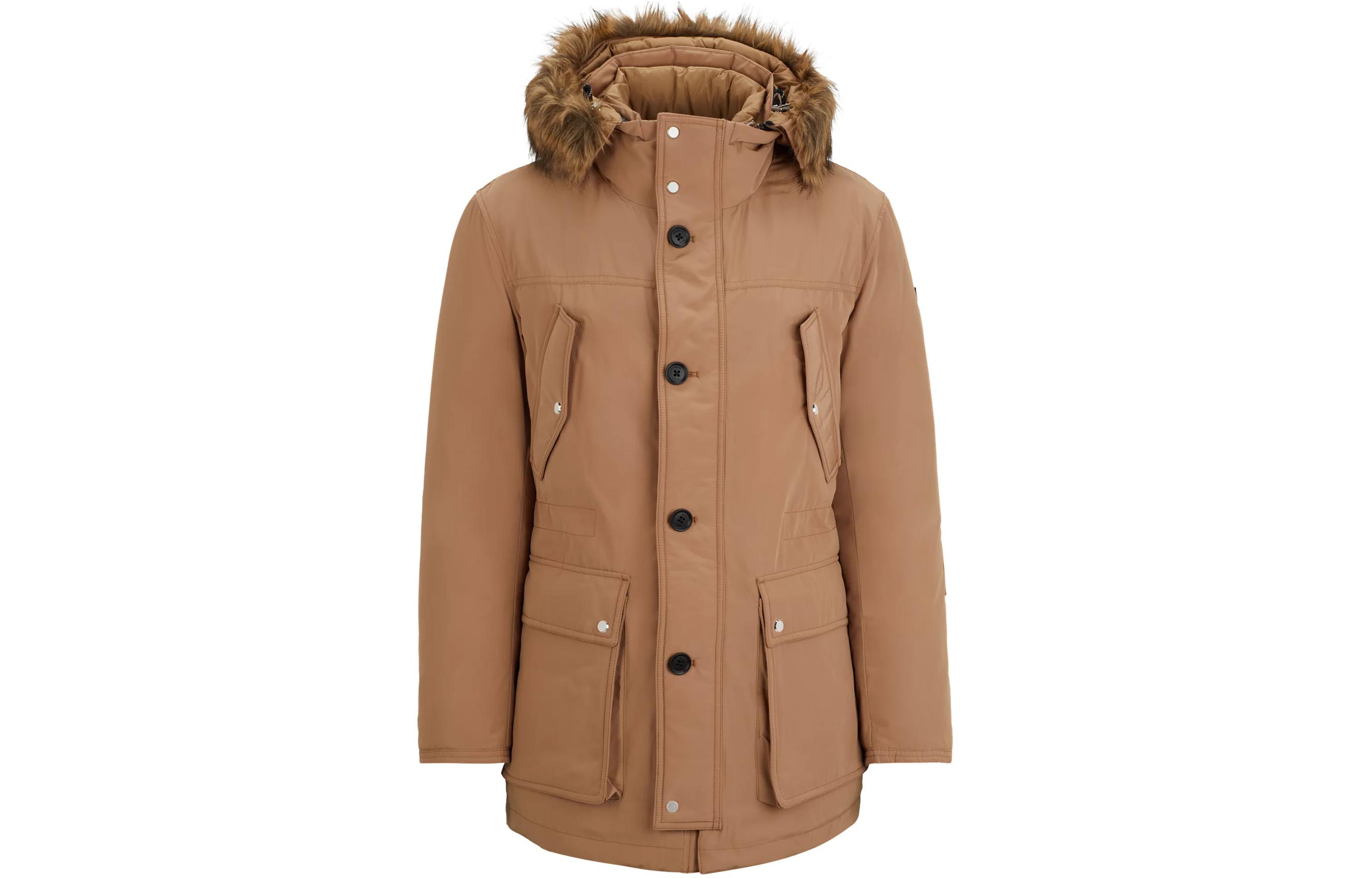 HUGO BOSS Water-Repellent Hooded Down Jacket Beige Detachable Hood Coat 50499371-260