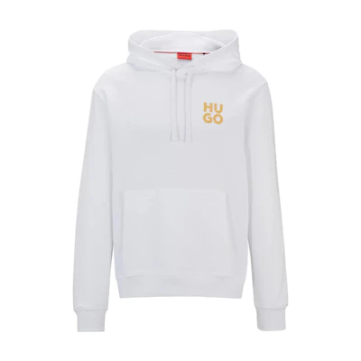 HUGO BOSS White Cotton Pullover Hoodie with Layered Logo Print 50520159-100