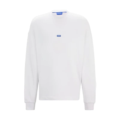 HUGO BOSS White Cotton Terry Sweatshirt with Blue Logo Label Crewneck 50522359-100