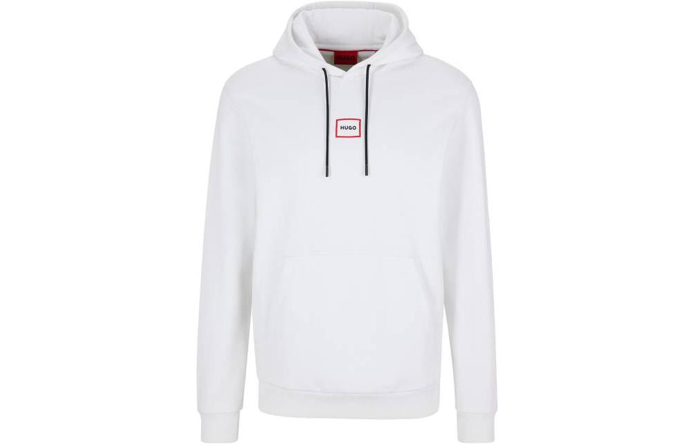 HUGO BOSS White Hoodie with Solid Logo Print and Drawstring Design 50481327-100