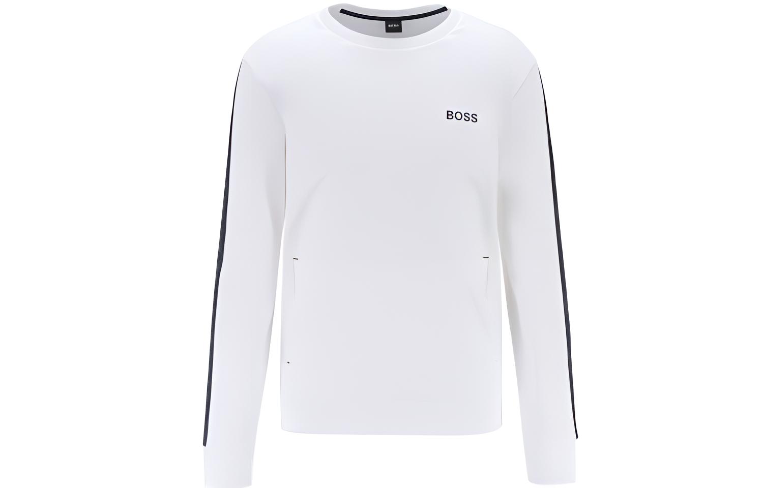 HUGO BOSS White Pullover Sweatshirt with Logo Tape Sleeves 50454620-100
