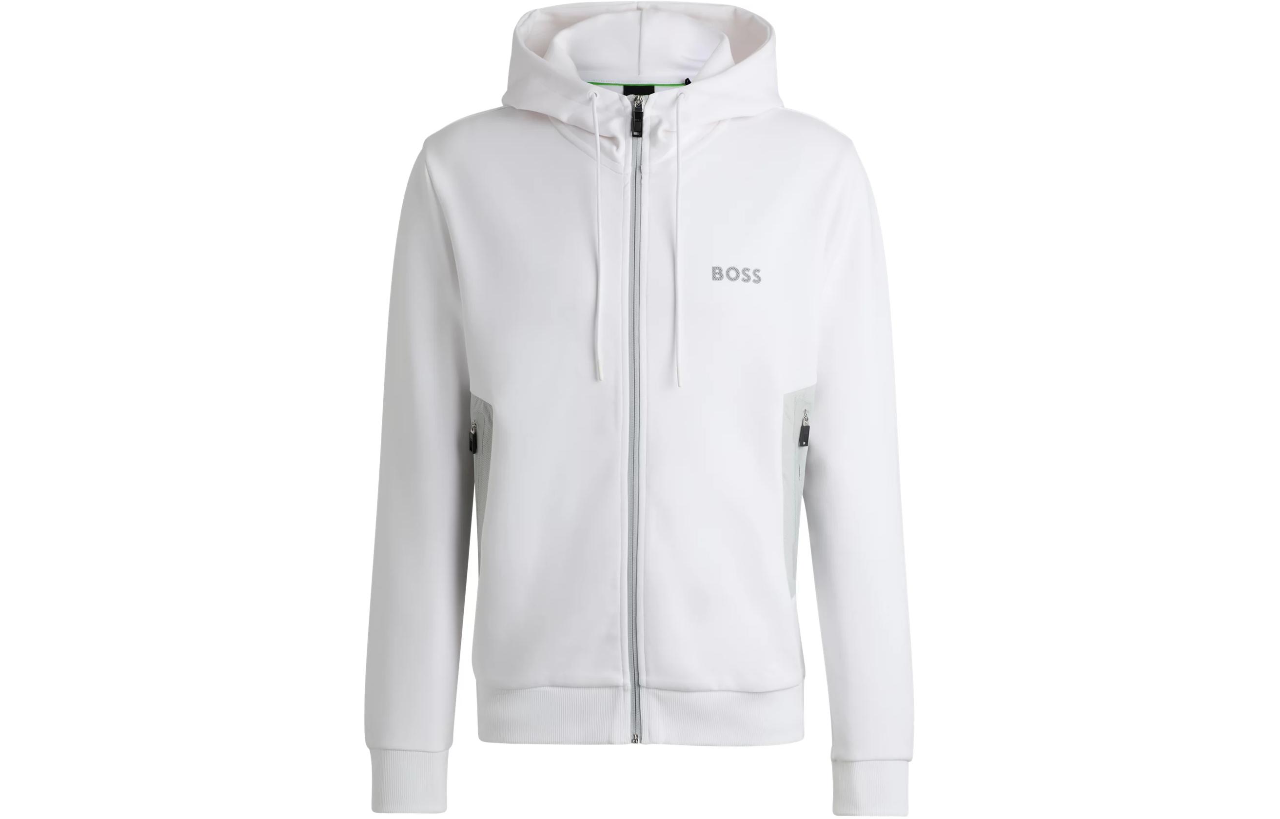 HUGO BOSS White Solid Color Zip-Up Slim-Fit Hoodie Sweatshirt 50510319-100