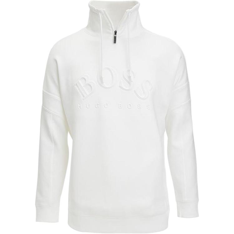 HUGO BOSS White Solid Logo Embossed Half-Zip Sweatshirt 50410352-100