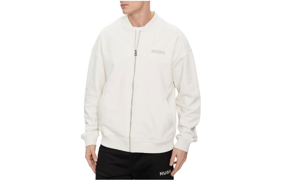 HUGO BOSS White Zip-Up Crewneck Jacket with Logo Design 50509978-121