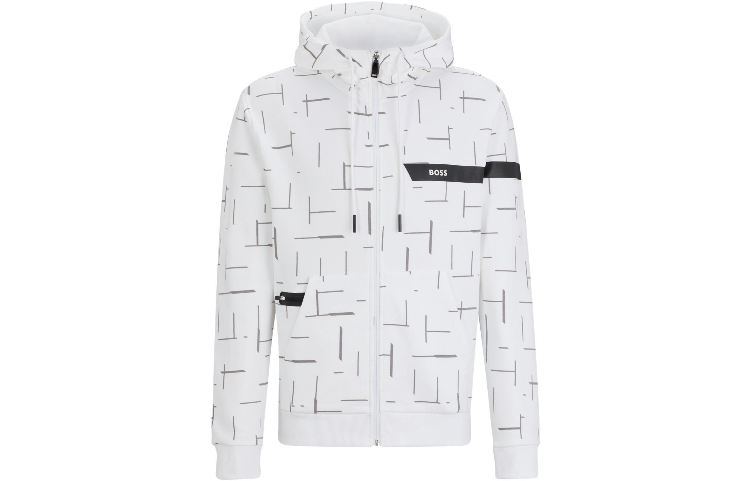 HUGO BOSS White Zip-Up Hoodie with Logo Stripe Design 50498285-100