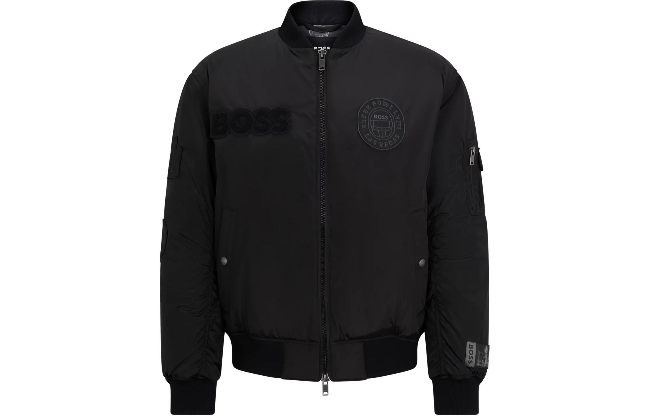 HUGO BOSS NFL Padded Bomber Jacket Black with Logo Embroidery & Patches 50512107-001
