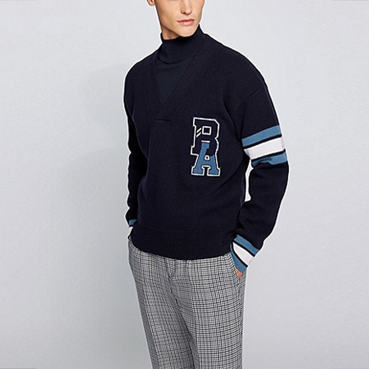 Shop HUGO BOSS x Russell Athletic  Logo Wool Pullover Sweater Navy Blue. 50462870-410