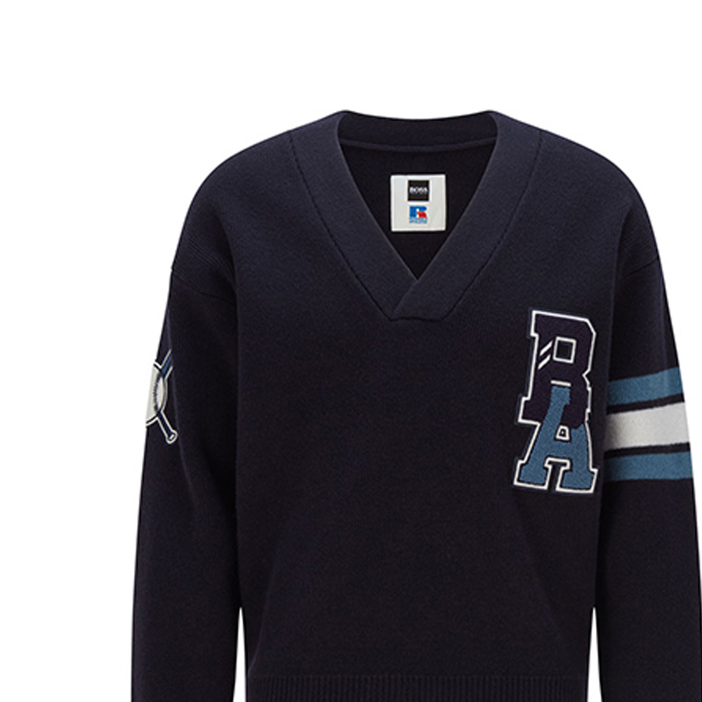 Details for HUGO BOSS x Russell Athletic  Logo Wool Pullover Sweater Navy Blue. 50462870-410