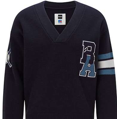 HUGO BOSS x Russell Athletic Logo Wool Pullover Sweater Navy Blue. 50462870-410 Details for HUGO BOSS x Russell Athletic Logo Wool Pullover Sweater Navy Blue. 50462870-410