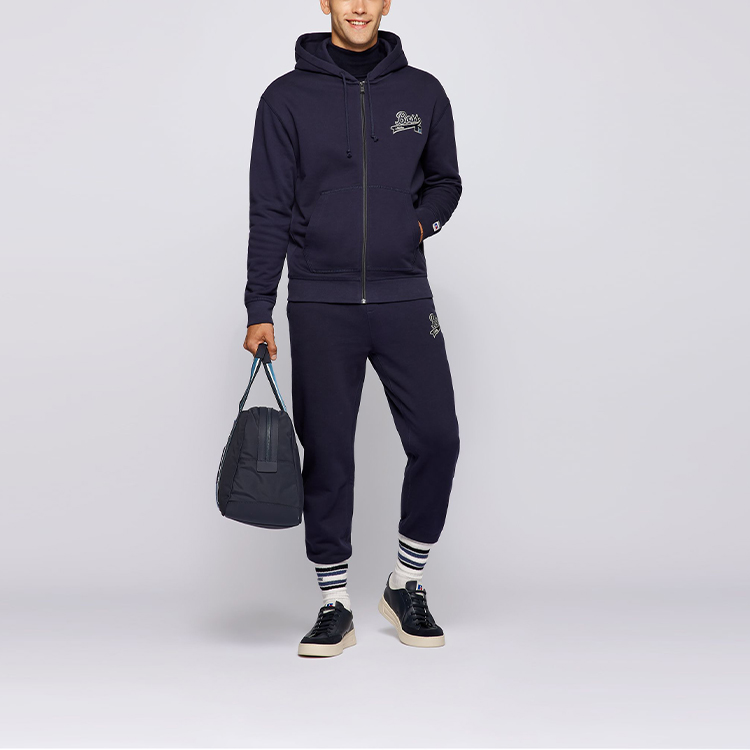 Lookbook HUGO BOSS x Russell Athletic 海軍藍刺繡標誌拉鍊連帽上衣. 50463557-410