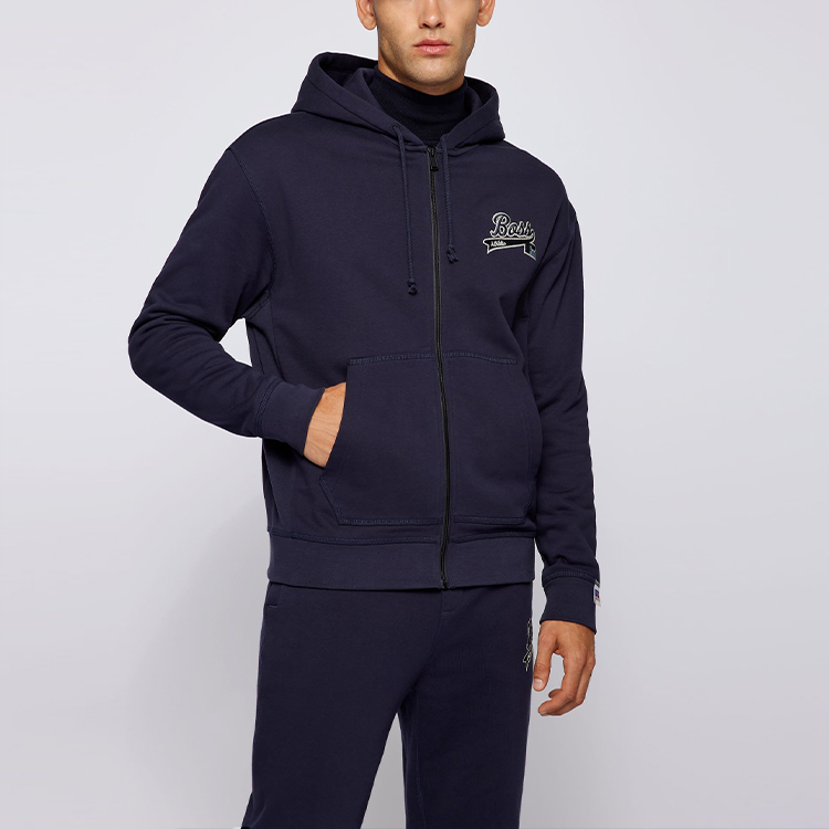 Shop HUGO BOSS x Russell Athletic 海軍藍刺繡標誌拉鍊連帽上衣. 50463557-410