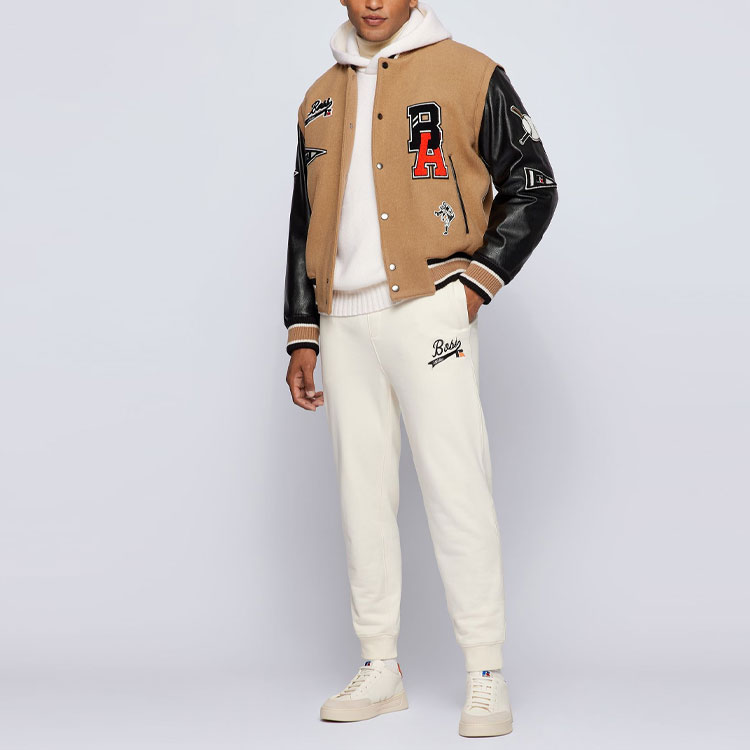 Lookbook HUGO BOSS x Russell Athletic 联名logo羊毛混纺夹克 男女同款 棕色. 50463785-262