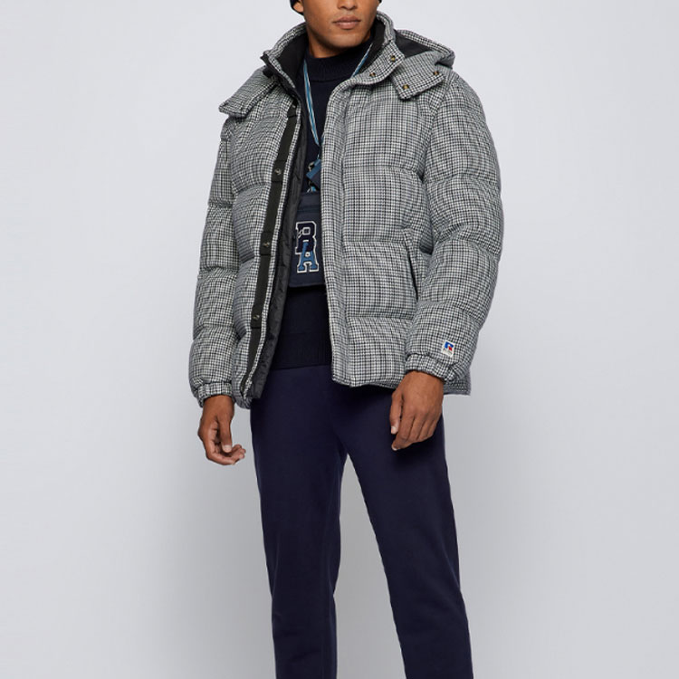 Lookbook HUGO BOSS x Russell FW22  Houndstooth Quilted Hooded Down Jacket Grey 50463797-030