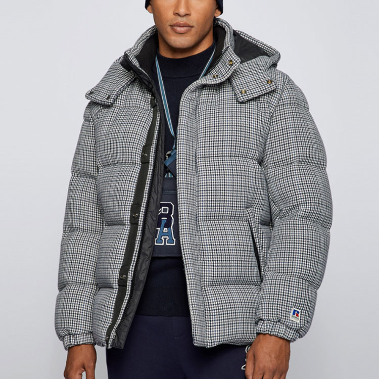 Shop HUGO BOSS x Russell FW22  Houndstooth Quilted Hooded Down Jacket Grey 50463797-030
