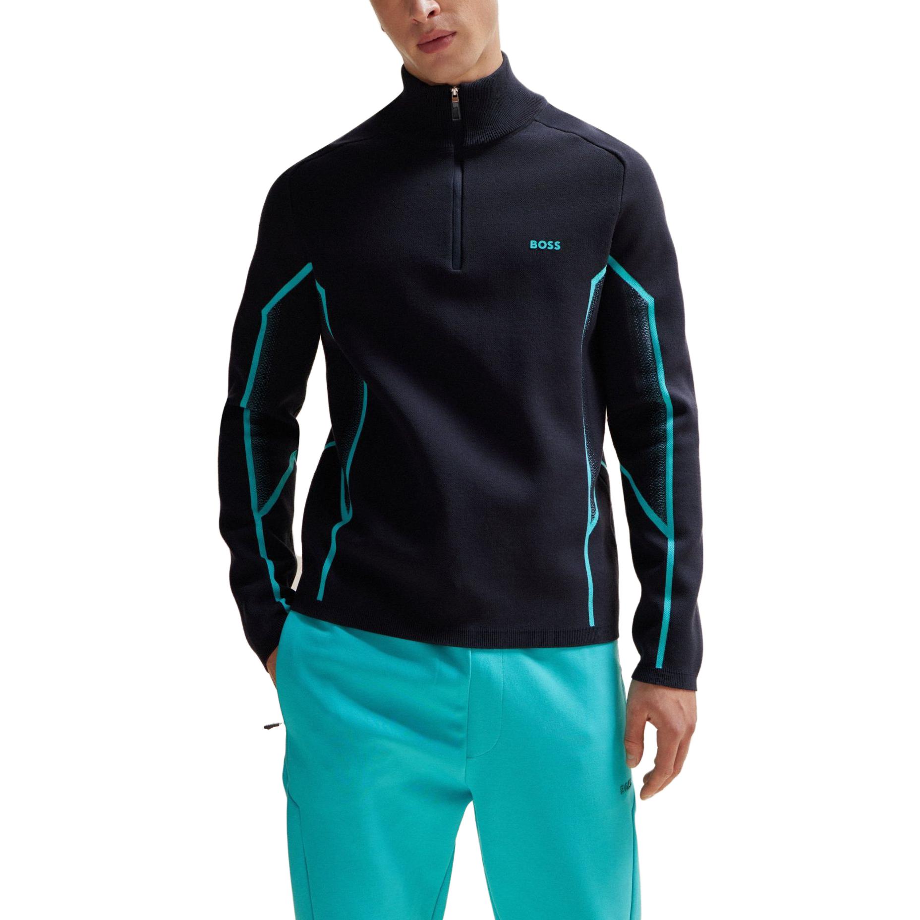 Lookbook HUGO BOSS 漸變提花海軍藍拉鍊領毛衣 男士常規版型。 50504952-402