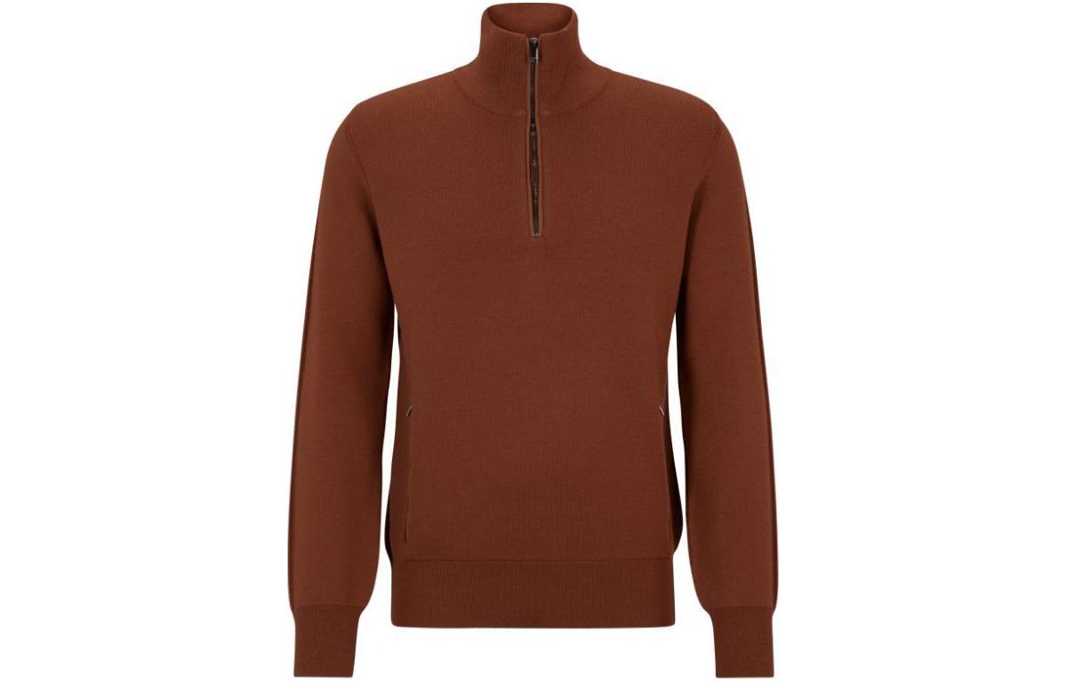 HUGO BOSS Zip-Neck Virgin Wool Sweater with Piped Details Brown Top 50508166-213