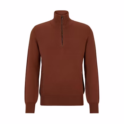 HUGO BOSS Zip-Neck Virgin Wool Sweater with Piped Details Brown Top 50508166-213