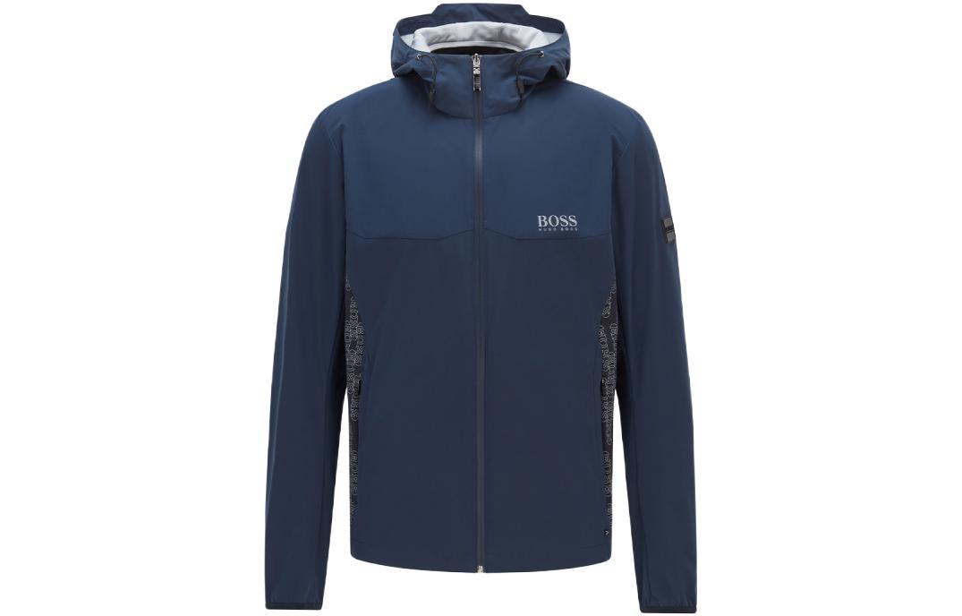 HUGO BOSS Zip Hoodie Jacket Navy Blue with Logo Print 50454972-410