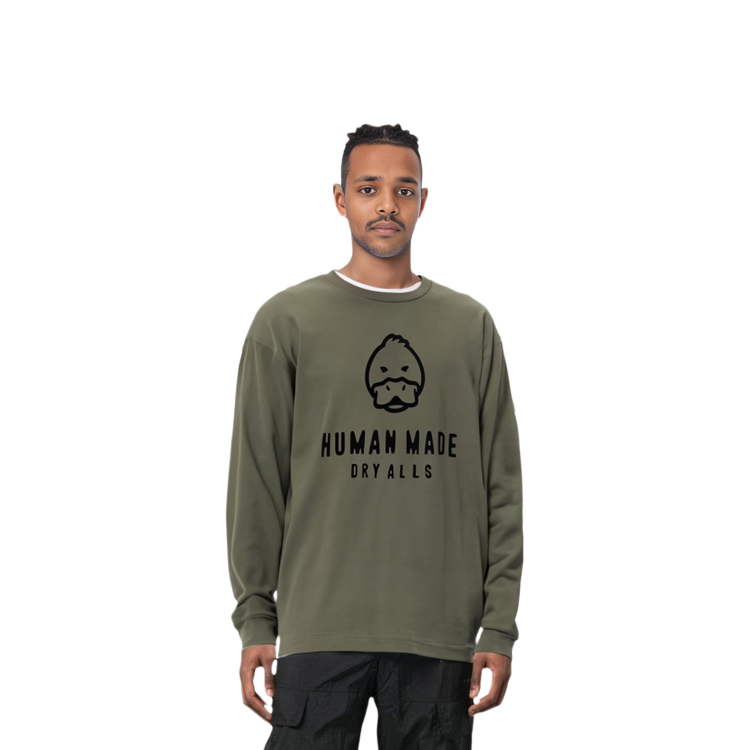 Shop HUMAN MADE Camiseta Manga Larga Pullover Logo Pato Dibujado Verde Militar Hombre. HM22CS011