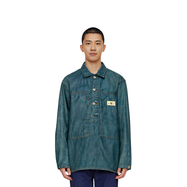 Shop 휴먼메이드 드라이올스 레터 로고 긴팔 셔츠 유니섹스 블루 HM24SH004