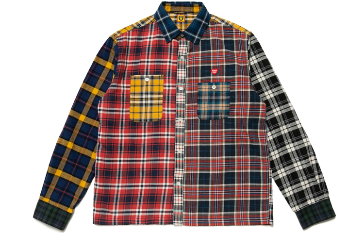 HUMAN MADE FW21 Embroidered Logo Plaid Patchwork Long Sleeve Shirt Men. HM22SH009