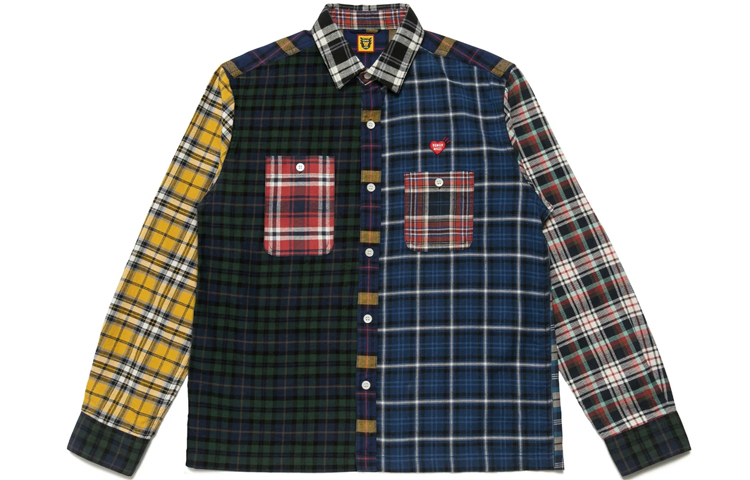 Order HUMAN MADE FW21 Embroidered Logo Plaid Patchwork Long Sleeve Shirt Men. HM22SH009