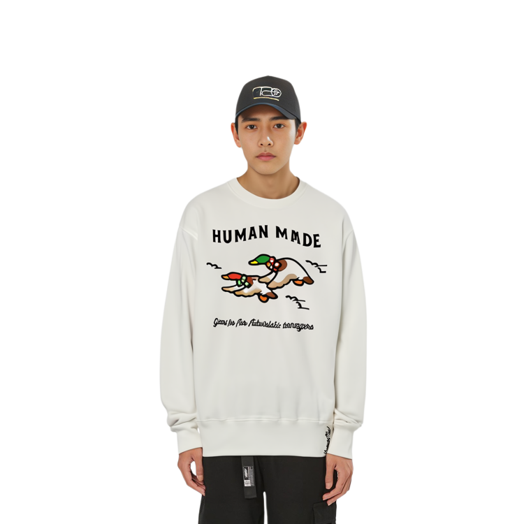 Shop 휴먼메이드 FW21 로고 프린트 카툰 그래픽 풀오버 스웨트셔츠 화이트 HM22CS032